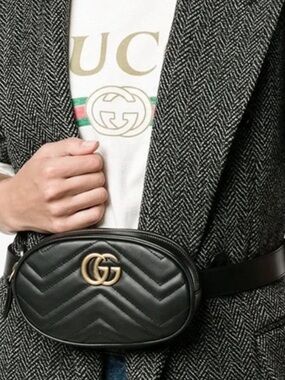 Gucci Black Quilted GG Marmont Oval Belt Bag with Gold Hardware